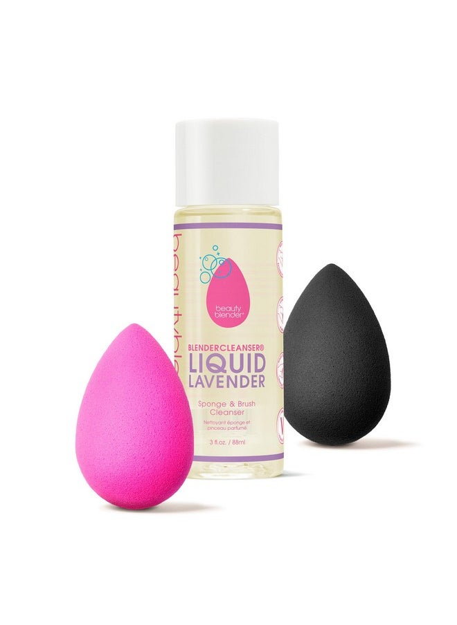 Beautyblender® | Original Pink + Pro Black Beauty Blender Duo + Full-Sized Blendercleanser® Liquid Lavender Makeup Sponge & Brush Cleanser, 3-Piece Bundle, Made in USA, Vegan, Cruelty-Free, 3 oz