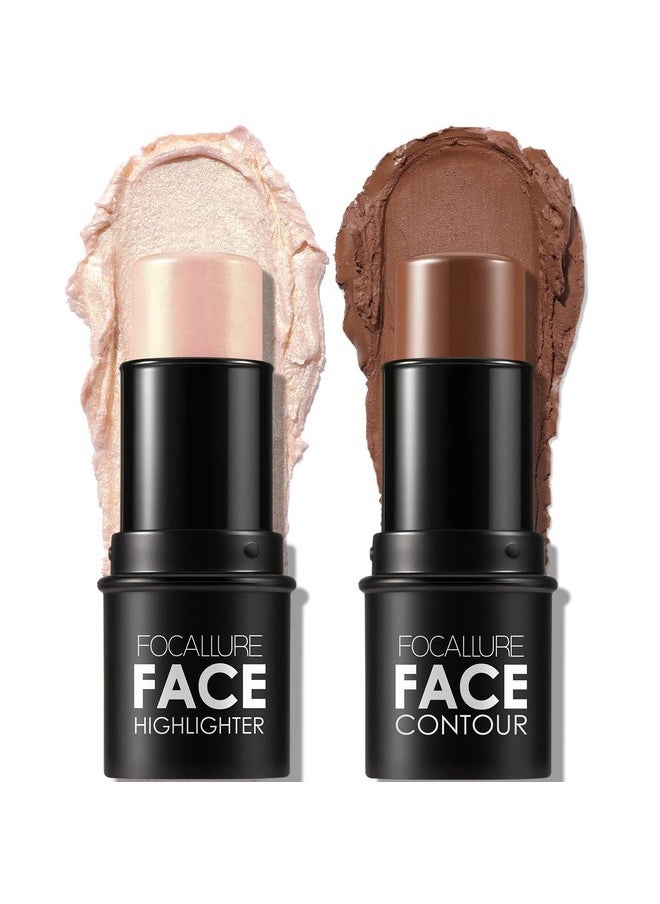 FOCALLURE 2 Pcs Contour Foundation Stick, Highlighter & Bronzer Pen, Face Brightens & Shades Pencil, Highlighting Shade Longwear Makeup, Highlight Bronzer Shaping Trimming Stick,Neutral