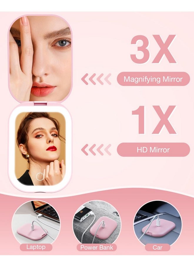 Gospire Ultra-Slim Lighted Travel Makeup Mirror with Lights and Magnification, Rechargeable 3X Magnifying Mirror with 3 Light Colors & Adjustable Brightness, LED Compact Mirror for Purses - Pink