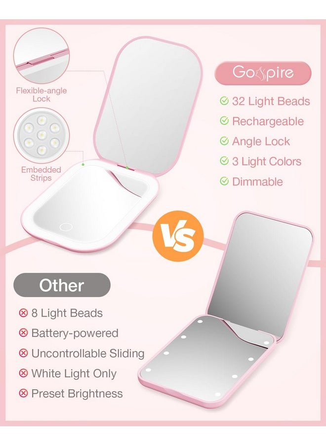 Gospire Ultra-Slim Lighted Travel Makeup Mirror with Lights and Magnification, Rechargeable 3X Magnifying Mirror with 3 Light Colors & Adjustable Brightness, LED Compact Mirror for Purses - Pink