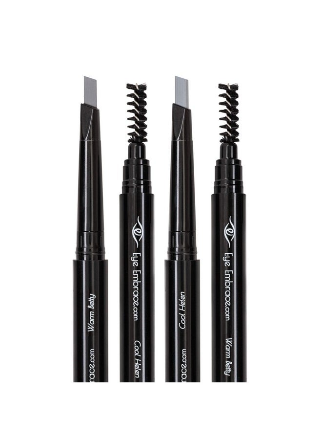 Eye Embrace Light Gray Eyebrow Pencils: Warm Betty & Cool Helen 2 Pack Bundle - Waterproof, Double-Ended Automatic Angled Tip & Spoolie Brush, Cruelty-Free
