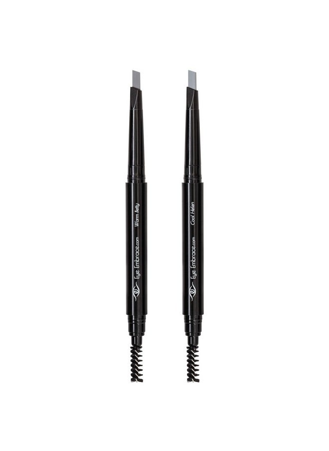 Eye Embrace Light Gray Eyebrow Pencils: Warm Betty & Cool Helen 2 Pack Bundle - Waterproof, Double-Ended Automatic Angled Tip & Spoolie Brush, Cruelty-Free