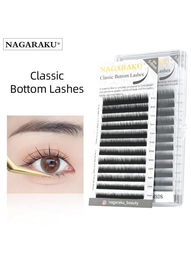 NAGARAKU Bottom Eyelash Extensions Individual Lashes Classic Single Matte Black Soft Natural Faux Mink False Lashes 12 rows (0.10mm J curl 5-8mm Mix Tray)