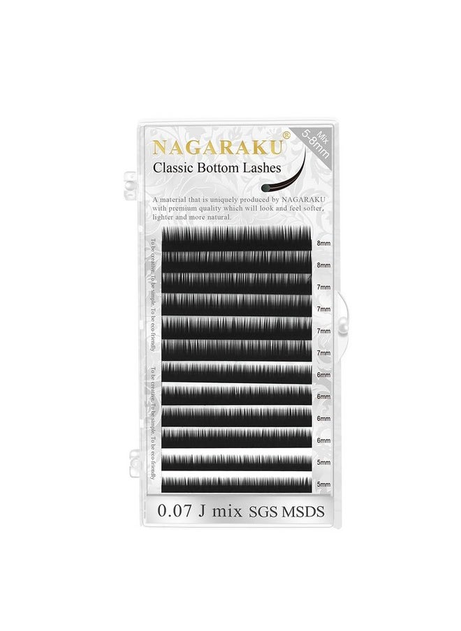 NAGARAKU Bottom Eyelash Extensions Individual Lashes Classic Single Matte Black Soft Natural Faux Mink False Lashes 12 rows (0.10mm J curl 5-8mm Mix Tray)