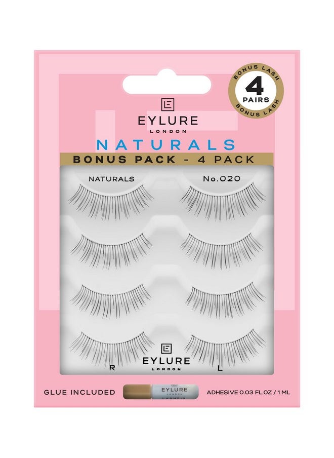Eylure Naturals No. 020 Reusable Eyelashes, Adhesive Included, Black, 4 Pairs
