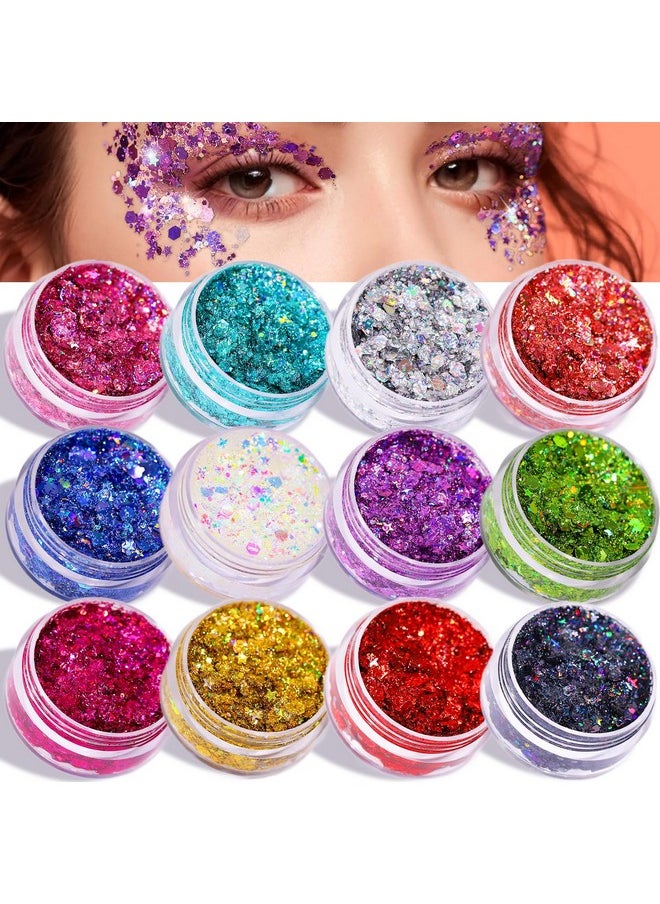 Teenitor Face Glitter Body Glitter Makeup Glitter Gel Hair Glitter, 12 Colors Body and Face Glitter Gel for Halloween Makeup, Star Glitter for Face, Body, Hair, 10g/Color