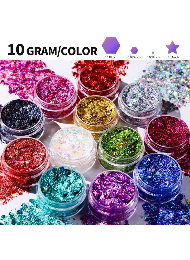 Teenitor Face Glitter Body Glitter Makeup Glitter Gel Hair Glitter, 12 Colors Body and Face Glitter Gel for Halloween Makeup, Star Glitter for Face, Body, Hair, 10g/Color