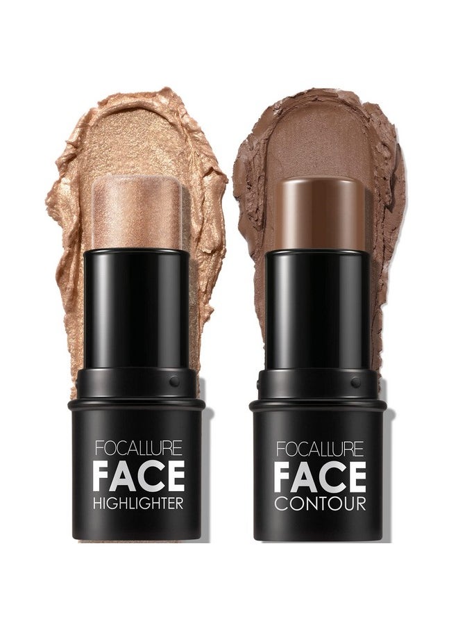 FOCALLURE 2 Pcs Mineral Cream Contour Stick,Moisturize Highlighter and Bronzer Pen,Non Stick Face Brightens & Shades Pencil,Long Lasting & Smooth Gliding Face Illuminator Makeup,Medium-deep