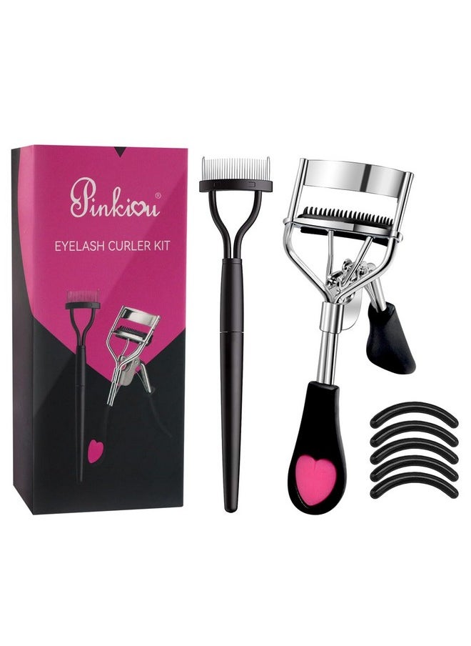 Pinkiou Eyelash Curlers with Comb and Eeylash Separator Set Professional Lash Curler with Built-in Comb Ergonomic Heart-Shaped Handle and Eyelash Comb Tool for Daily Makeup