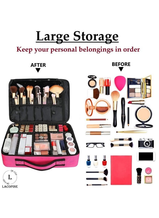 LACOPINE Travel Professional Makeup Box for Women 20x14x8 cm | Portable Artist Storage Makeup Brush Bag with Adjustable Dividers (Pink, 18 INCH (2 Layer))