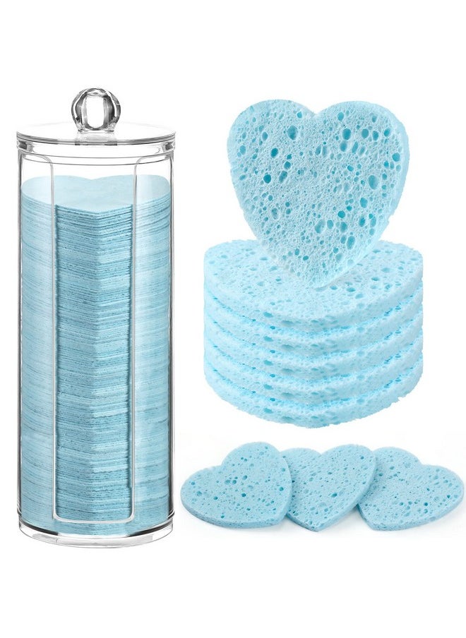 Sieral 120 Pcs Compressed Facial Sponges with Container Face Sponge Disposable Sponge Pads for Washing Face Cleansing Exfoliating Esthetician Makeup Removal(Light Blue, Heart)