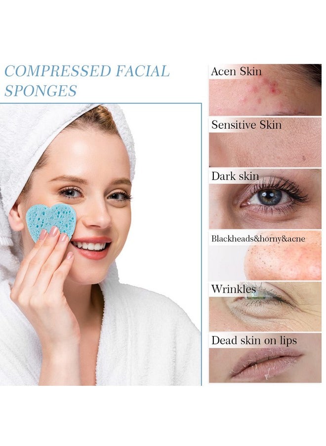 Sieral 120 Pcs Compressed Facial Sponges with Container Face Sponge Disposable Sponge Pads for Washing Face Cleansing Exfoliating Esthetician Makeup Removal(Light Blue, Heart)