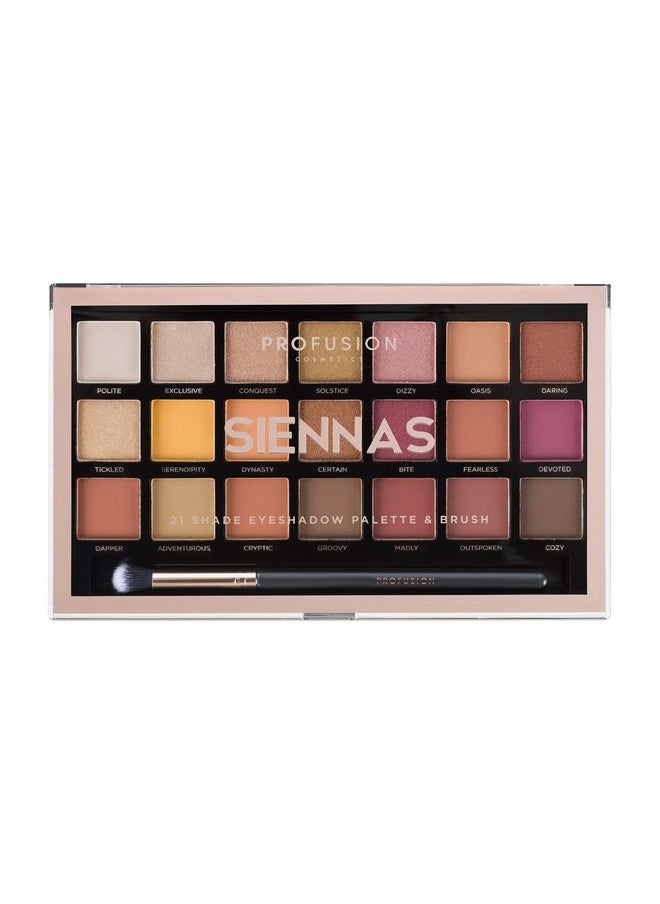 Profusion Cosmetics 21 Shade Eyeshadow Palette for Eyecatching Look, Long lasting and Cruelty Free Bright Pigmented Shades Collection and Brush, Siennas