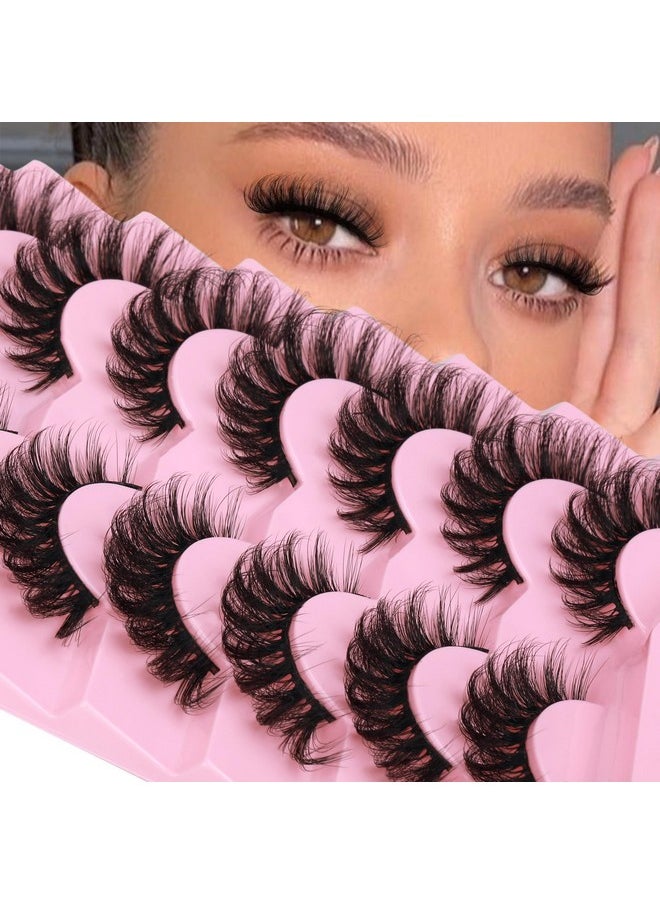 JIMIRE Mink Lashes Fluffy Cat Eye Lashes Wispy 6D Volume False Eyelashes that Look Like Extensions Thick Soft Curly Fake Lashes 7 Pairs Pack