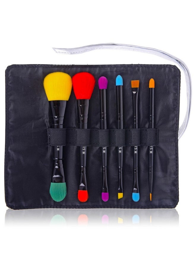 SHANY Vegan Makeup Brushes - LUNA - 6 PC Double Sided Travel Make up Brushes with 12 unique Bristles - with Brush storage Pouch - Synthetic