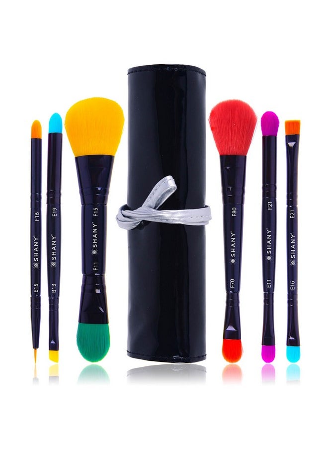 SHANY Vegan Makeup Brushes - LUNA - 6 PC Double Sided Travel Make up Brushes with 12 unique Bristles - with Brush storage Pouch - Synthetic