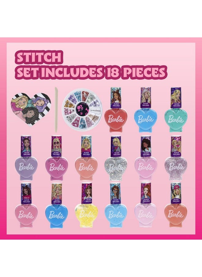 Barbie Movie 18 Piece Set Kids Water-Based Nail Polish Activity Makeup Set, Includes Nail Polish with Nail Gems Wheel and Nail File for Parties, Sleepovers and Makeovers, Townley Girl