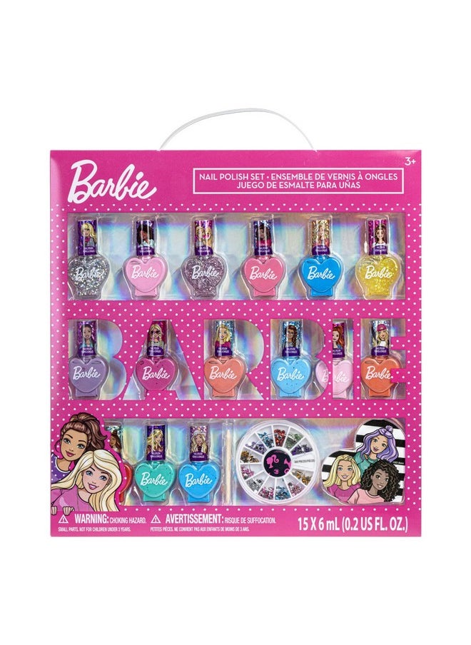 Barbie Movie 18 Piece Set Kids Water-Based Nail Polish Activity Makeup Set, Includes Nail Polish with Nail Gems Wheel and Nail File for Parties, Sleepovers and Makeovers, Townley Girl