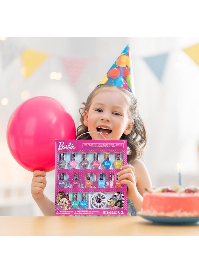 Barbie Movie 18 Piece Set Kids Water-Based Nail Polish Activity Makeup Set, Includes Nail Polish with Nail Gems Wheel and Nail File for Parties, Sleepovers and Makeovers, Townley Girl