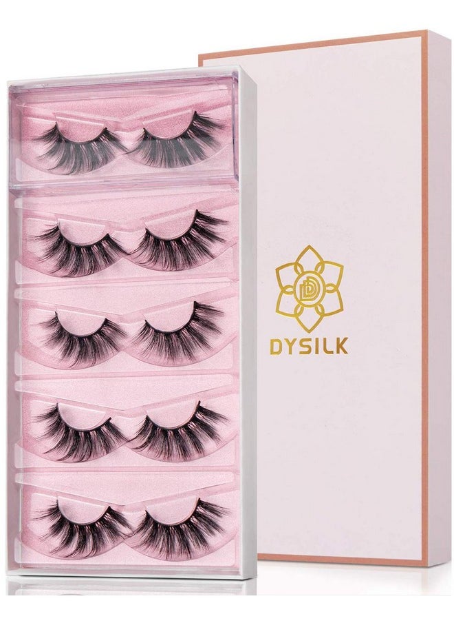 DYSILK False Eyelashes Mink - Strip Lashes 5 Pairs 6D Faux Eyelash Wispy Lashes Cat Eye Fake Eyelashes Natural Look Fluffy Lash Reusable Lash Extension Kit | 004-16.7mm