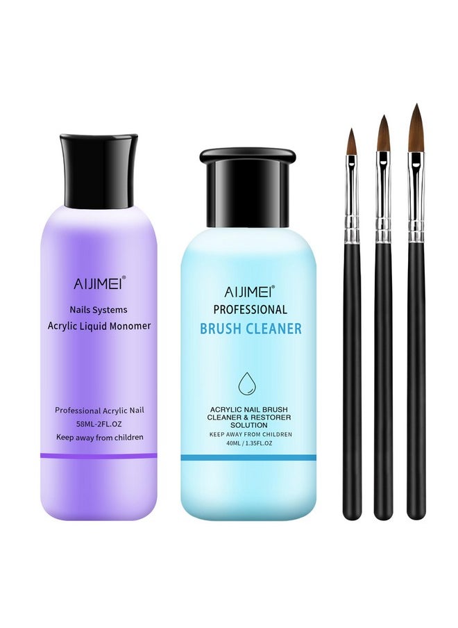 AIJIMEI Acrylic Monomer Liquid Kit 2 fl.oz Acrylic Liquid Nail System Manicure Tools Acrylic Monomer with 1.4 fl.oz Nail Brush Cleaner and Acrylic Nail Brush