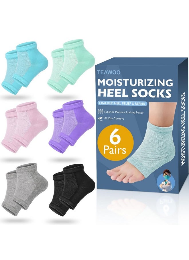 TEAWOO 6 Pairs Moisturizing Heel Socks for Cracked Heel Treatment, Foot Care Toeless Socks to Soften and Hydrate Dry Cracked Feet Heels, Cracked Heel Repair Socks, Gel Socks for Dry Cracked Feet
