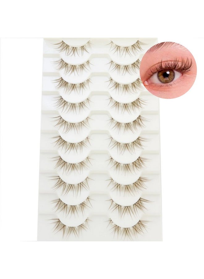 DAODER Brown Mink Lashes Natural Look Clear Band Cat Eye Strip False Eyelashes Brown Wispy Eyelashes 13mm Short Anime Lashes Reusable Light Eye Lashes Pack 10 Pairs(Brown Cat Eye)
