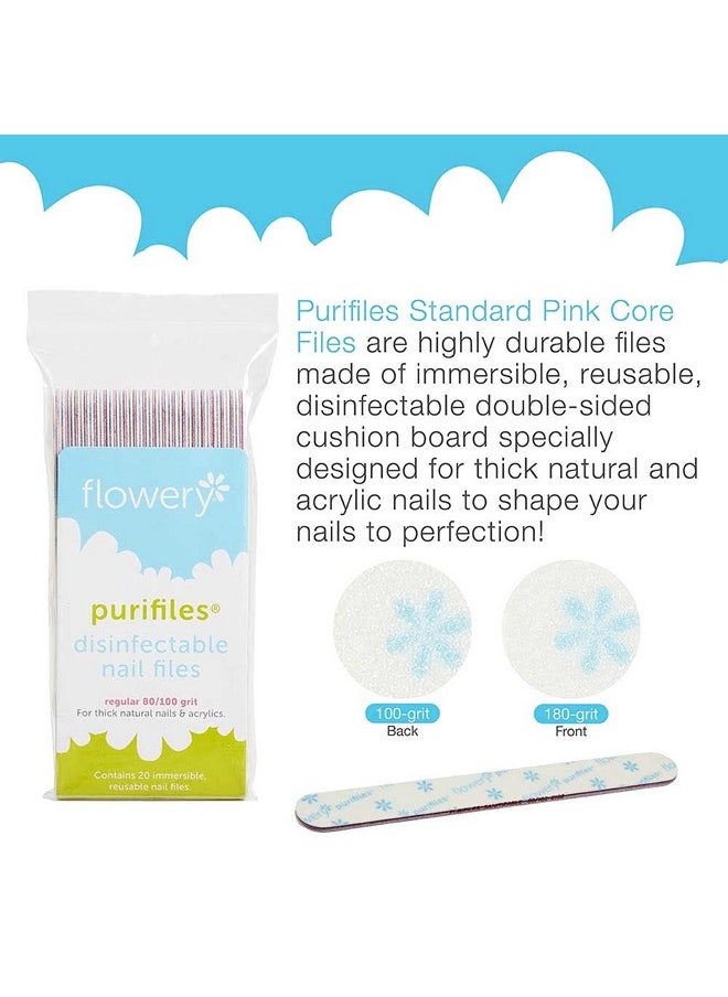 Flowery Purifiles Standard Pink Core Disinfectable Nail Files, 80/100 Grit, 20 per Pack