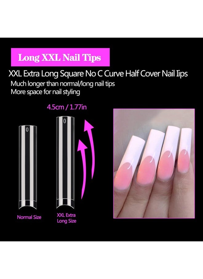 XXL No C Curve Nail Tips for Acrylic Nails Professional, 600PCS Clear Tapered Square Nail Tips Straight Flat Nails Tips, Extra Long Half Cover Acrylic Nail Tips for Nail Salon and DIY Nail 12 Sizes