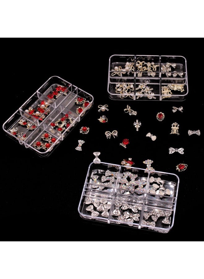 JERCLITY 30 Pieces 3D Luxury Alloy Gold Bow Nail Charms with Glitter Rhinestone Pearl Flat Back Cross Nail Charms Crown Bowknot Nail Charms Studs Nail Jewelry Accessories for Nail Art Decorations