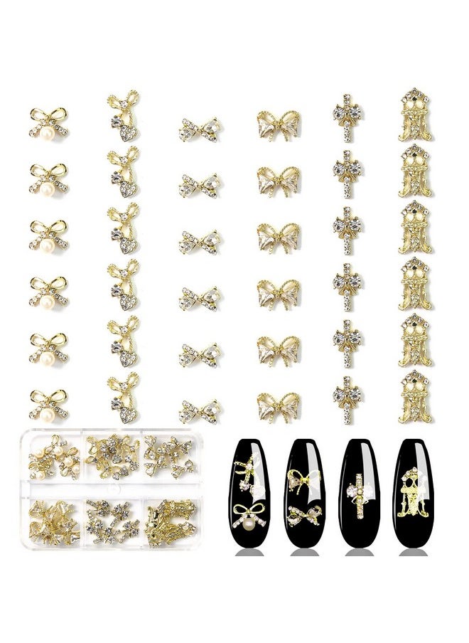JERCLITY 30 Pieces 3D Luxury Alloy Gold Bow Nail Charms with Glitter Rhinestone Pearl Flat Back Cross Nail Charms Crown Bowknot Nail Charms Studs Nail Jewelry Accessories for Nail Art Decorations