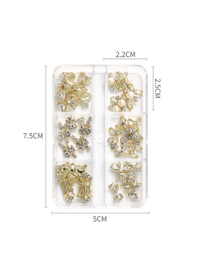 JERCLITY 30 Pieces 3D Luxury Alloy Gold Bow Nail Charms with Glitter Rhinestone Pearl Flat Back Cross Nail Charms Crown Bowknot Nail Charms Studs Nail Jewelry Accessories for Nail Art Decorations