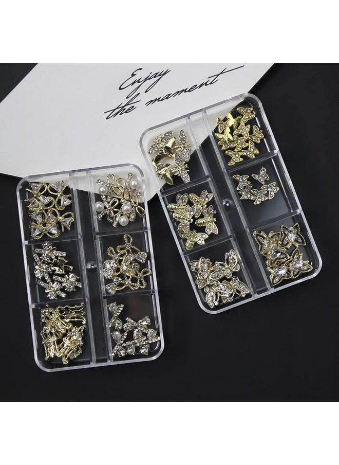 JERCLITY 30 Pieces 3D Luxury Alloy Gold Bow Nail Charms with Glitter Rhinestone Pearl Flat Back Cross Nail Charms Crown Bowknot Nail Charms Studs Nail Jewelry Accessories for Nail Art Decorations