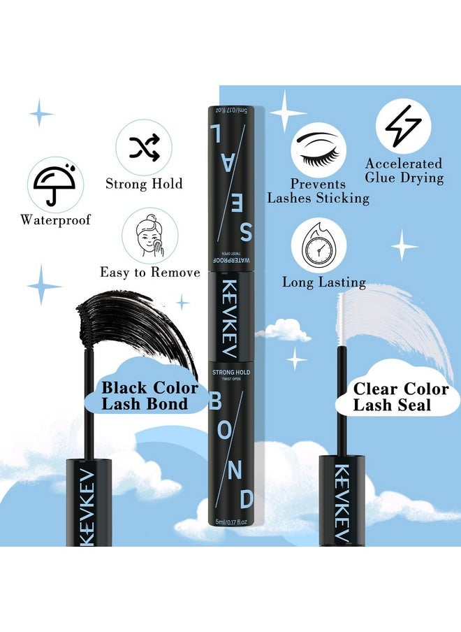 KevKev Lash Bond and Seal Lash Glue for Eyelash Extensions Strong Hold Long Lasting 48-72 Hours Lash Clusters Glue Lash Bond and Seal Waterproof Individual Lash Glue (5ml+5ml, Black Bond and Seal)