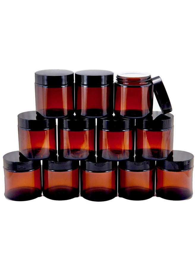 Vivaplex, 12, Amber, 4 oz, Round Glass Jars, with Inner Liners and black Lids