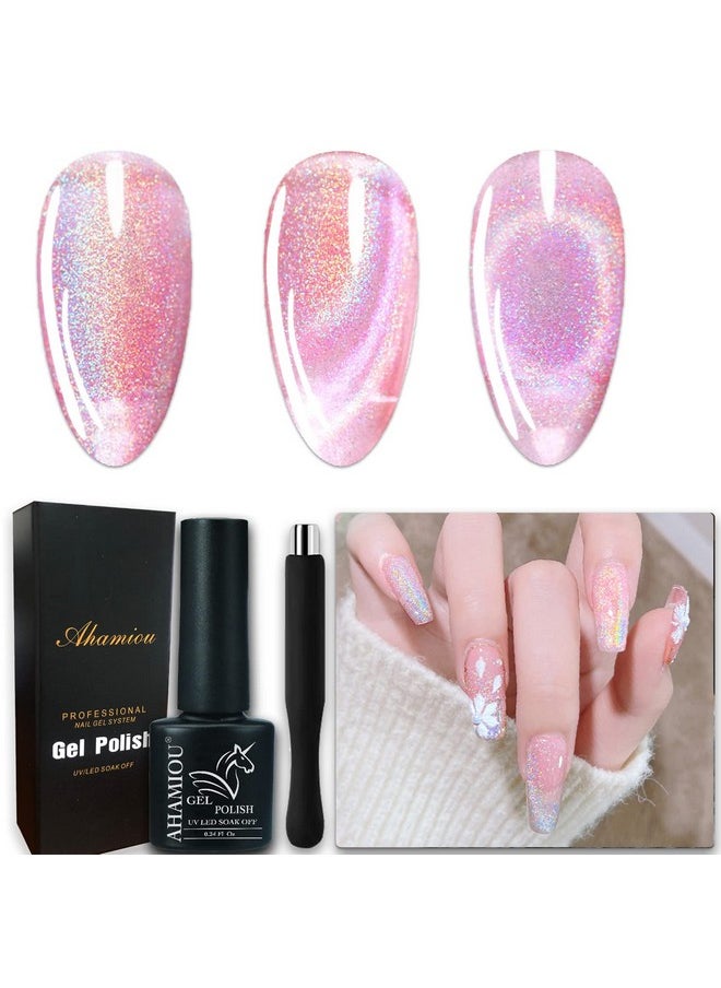 AHAMIOU Cat Eye Gel Nail Polish, Rainbow Holographic Cat Eye Gel Nail Polish Sliver Cat Eye Gel Nail Polish Magnetic Gel Polish with Rainbow Holographic Shine Effect One Magnetic Stick (Pink)