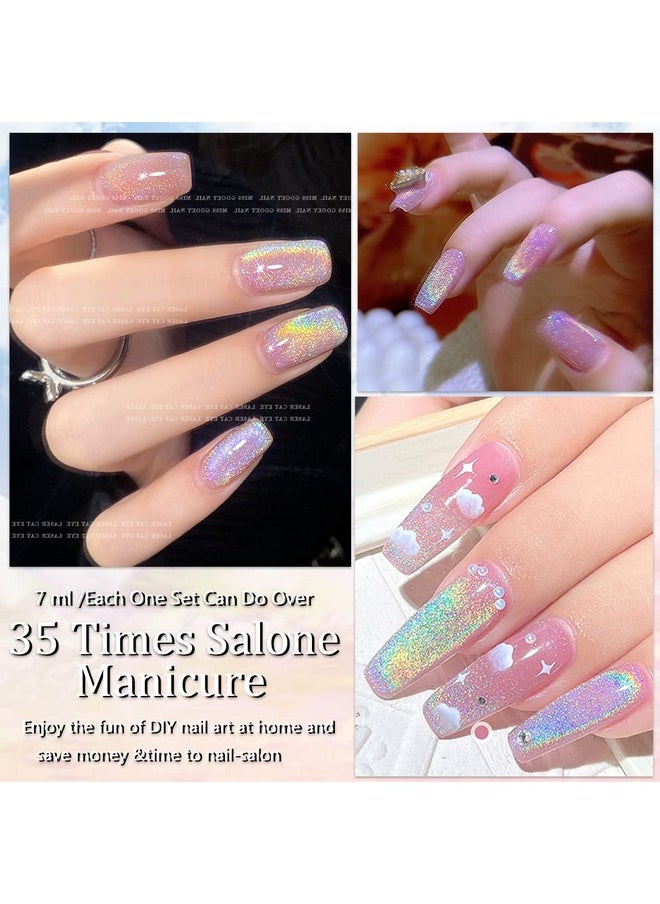 AHAMIOU Cat Eye Gel Nail Polish, Rainbow Holographic Cat Eye Gel Nail Polish Sliver Cat Eye Gel Nail Polish Magnetic Gel Polish with Rainbow Holographic Shine Effect One Magnetic Stick (Pink)