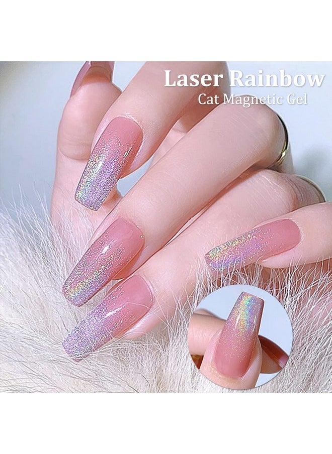 AHAMIOU Cat Eye Gel Nail Polish, Rainbow Holographic Cat Eye Gel Nail Polish Sliver Cat Eye Gel Nail Polish Magnetic Gel Polish with Rainbow Holographic Shine Effect One Magnetic Stick (Pink)