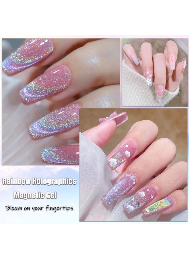 AHAMIOU Cat Eye Gel Nail Polish, Rainbow Holographic Cat Eye Gel Nail Polish Sliver Cat Eye Gel Nail Polish Magnetic Gel Polish with Rainbow Holographic Shine Effect One Magnetic Stick (Pink)
