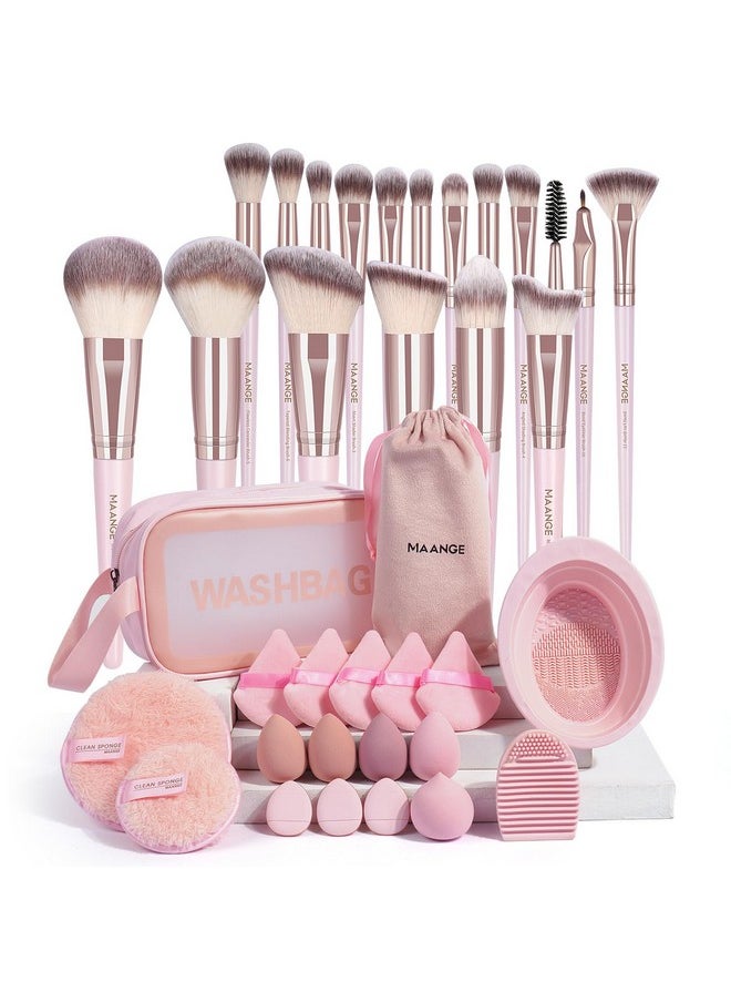 MAANGE 37 Pcs Makeup Brush Set Premium Synthetic Make Up Brushes Foundation Eye Shadow Powder Concealers Brushes Set for Beginners Professional Makeup Tool Set (Pink)