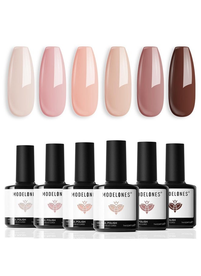 modelones Gel Nail Polish Kit -6 Colors Spring Nude Pink Gel Polish Set Skin Tones Neutral Brown Soak Off Gel Nail Kit Manicure DIY Nail Art Salon Home Gift