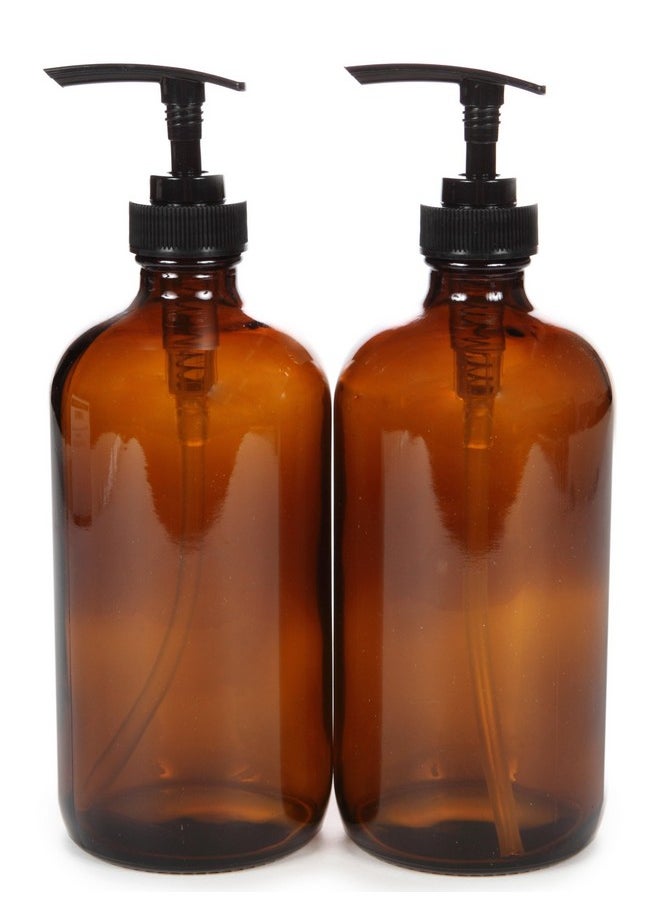 Vivaplex, 2, Large, 16 oz, Empty, Amber Glass Bottles with Black Lotion Pumps