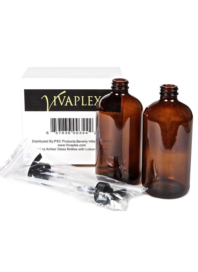 Vivaplex, 2, Large, 16 oz, Empty, Amber Glass Bottles with Black Lotion Pumps