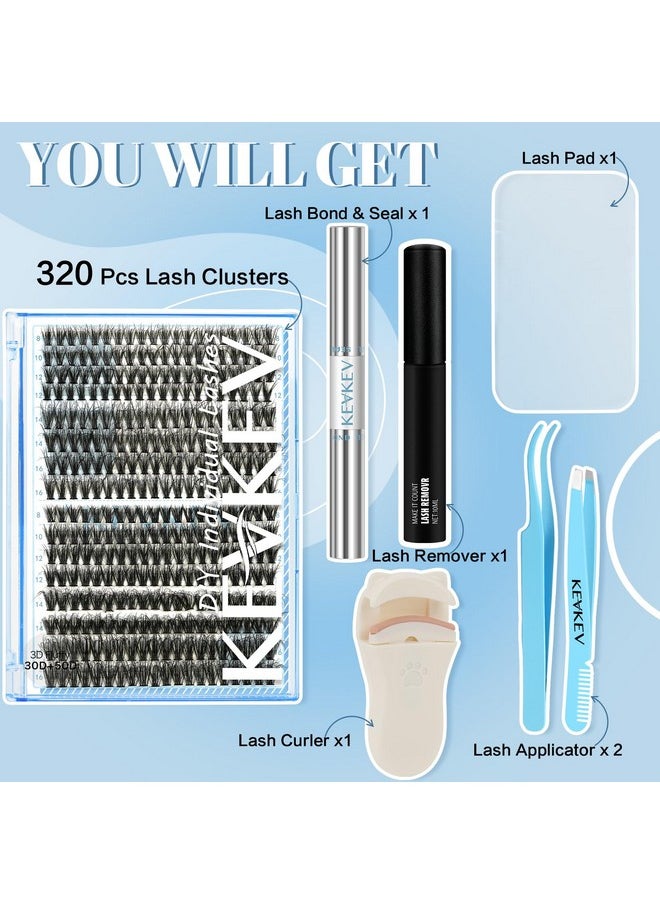 KevKev Lash Clusters Kit 3D Fluffy Cluster Lashes 30D+50D 320 Pcs DIY Lash Extensions Eyelash Clusters Glue Individual Lashes Remover Cluster Thin Band & Soft (Fluffy 30+50D Kit,D-8-16mix)