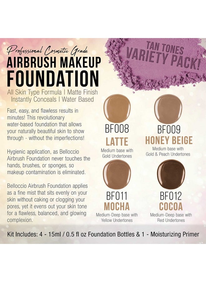 Belloccio Tan Color Shade Foundation Set - Professional Cosmetic Airbrush Makeup in 1/2 oz Bottles