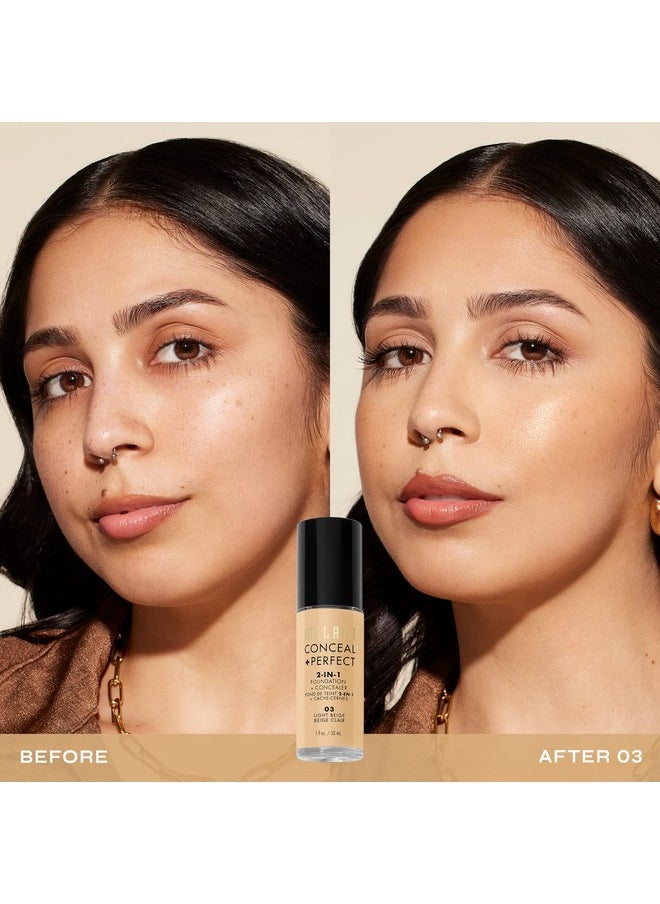 Milani Conceal + Perfect Liquid Foundation - Light Beige, 1 Fl. Oz. Cruelty-Free, Water-Resistant, Oil-Free, Medium-To-Full Coverage, Satin Matte Finish