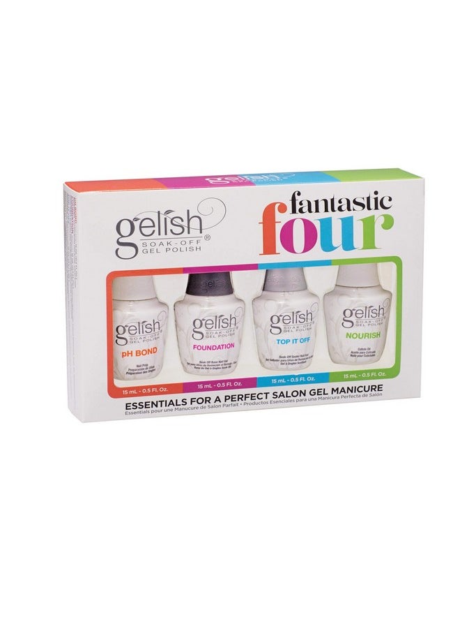 Gelish Essential Fantastic Four Kit - pH Bond Nail Prep, Foundation Base Gel, Top It Off Sealer Gel & Nourish Cuticle Oil - Professional Manicure Essentials for Long-Lasting, Chip-Free Shine.
