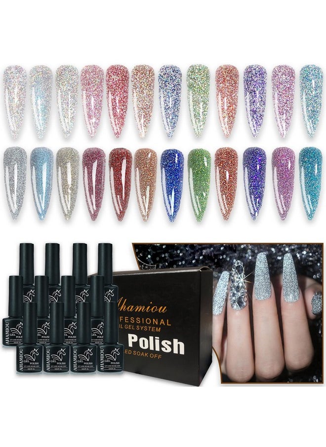 AHAMIOU Reflective Gel Polish Set Sparkly Reflective Glitter Gel Nail Polish Kit Shiny Diamond UV LED Soak Off Nail Polish Home DIY Manicure Nail Art Salon Varnish 12PCS(SET-2)