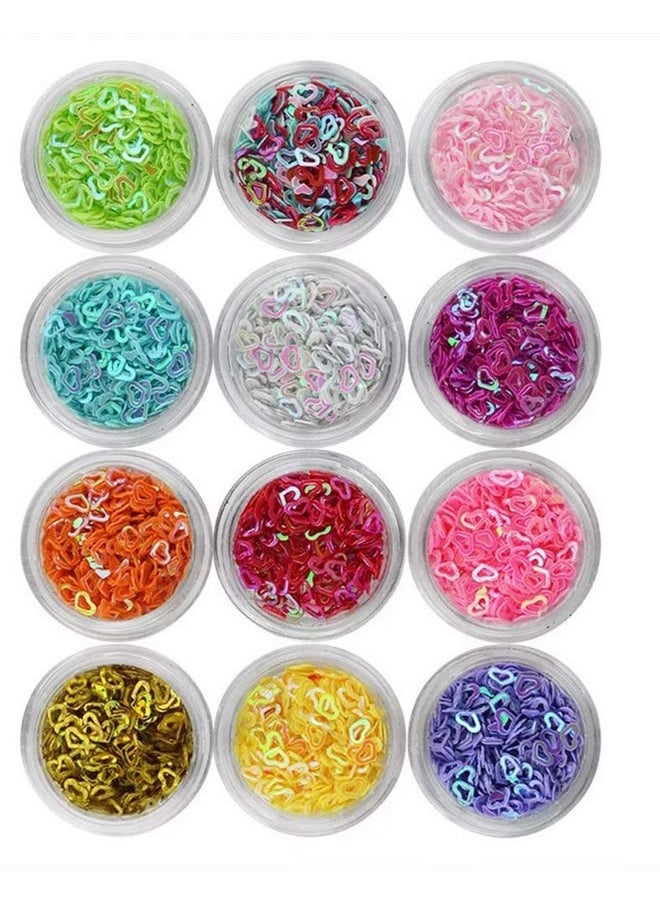 YESLADY Valentine's Day Nail Art 3D Hollow Heart Pattern Glitter Flakes Sparkly Confetti Nail Art Sticker 12Colors