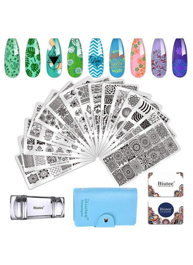 Biutee 19pcs Nail Stamp Plates set 15 plate 1Stamper 2Scraper 1storage bag Nails Art Stamping Plate Scraper Stamper Set Leaves Flowers Animal Nail plate Template Image Plate